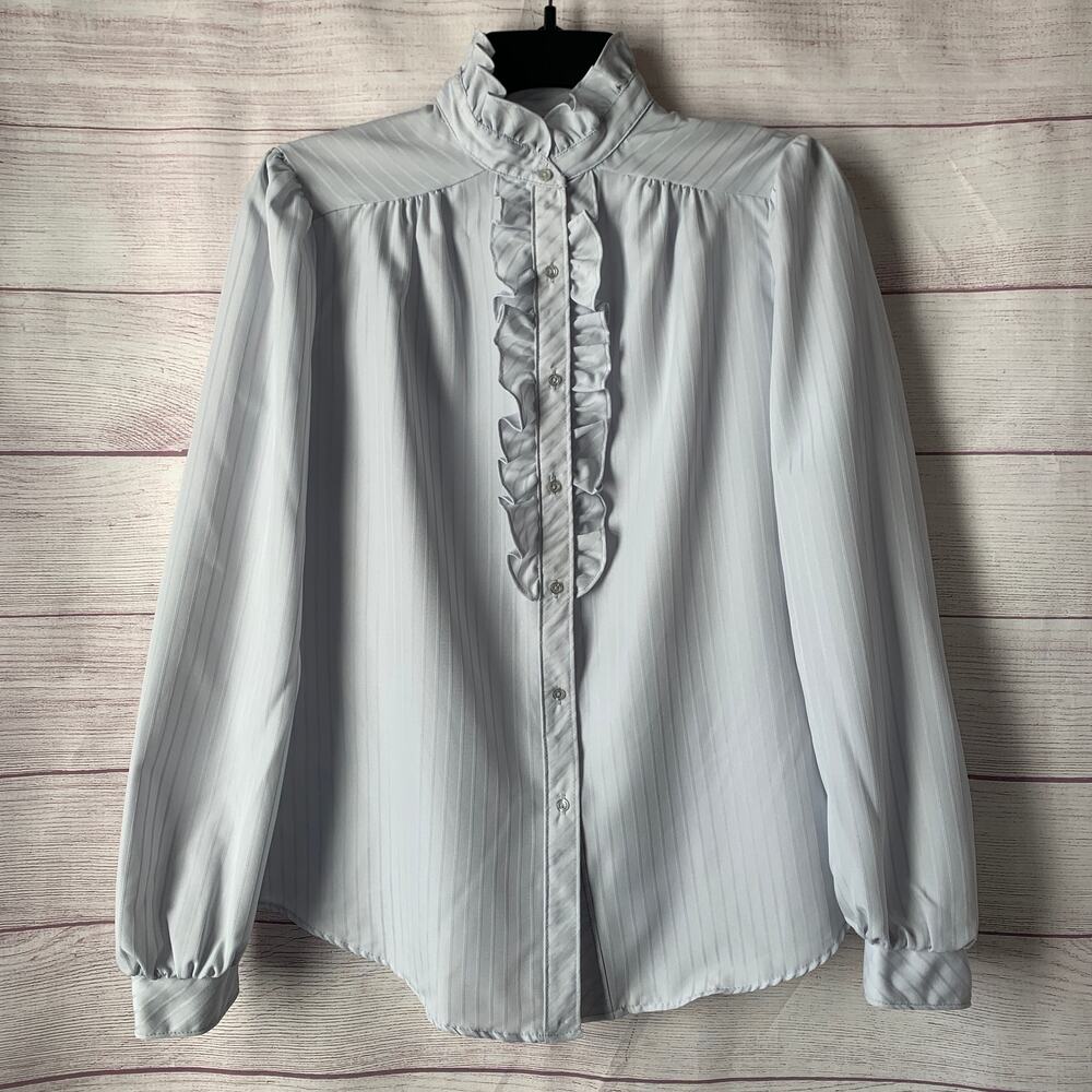 Vintage Langtry Light Blue Button Up Blouse Ruffle Pinstripe Secretary Top